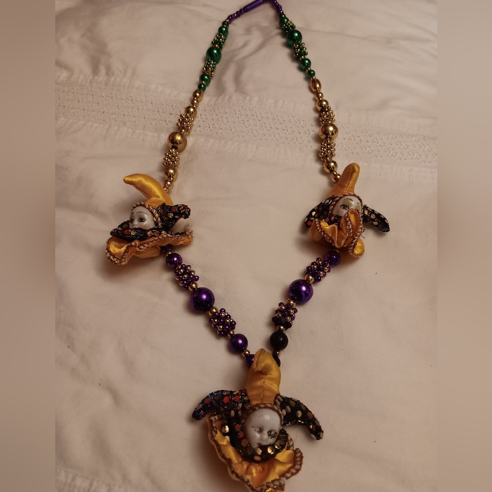 Mardi Gra Harlequin Doll face Necklace Colorful